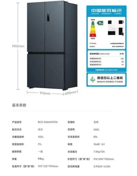 四开门冰箱及其能效标识，图中标注的综合耗电量为0.95kW·h/24h。